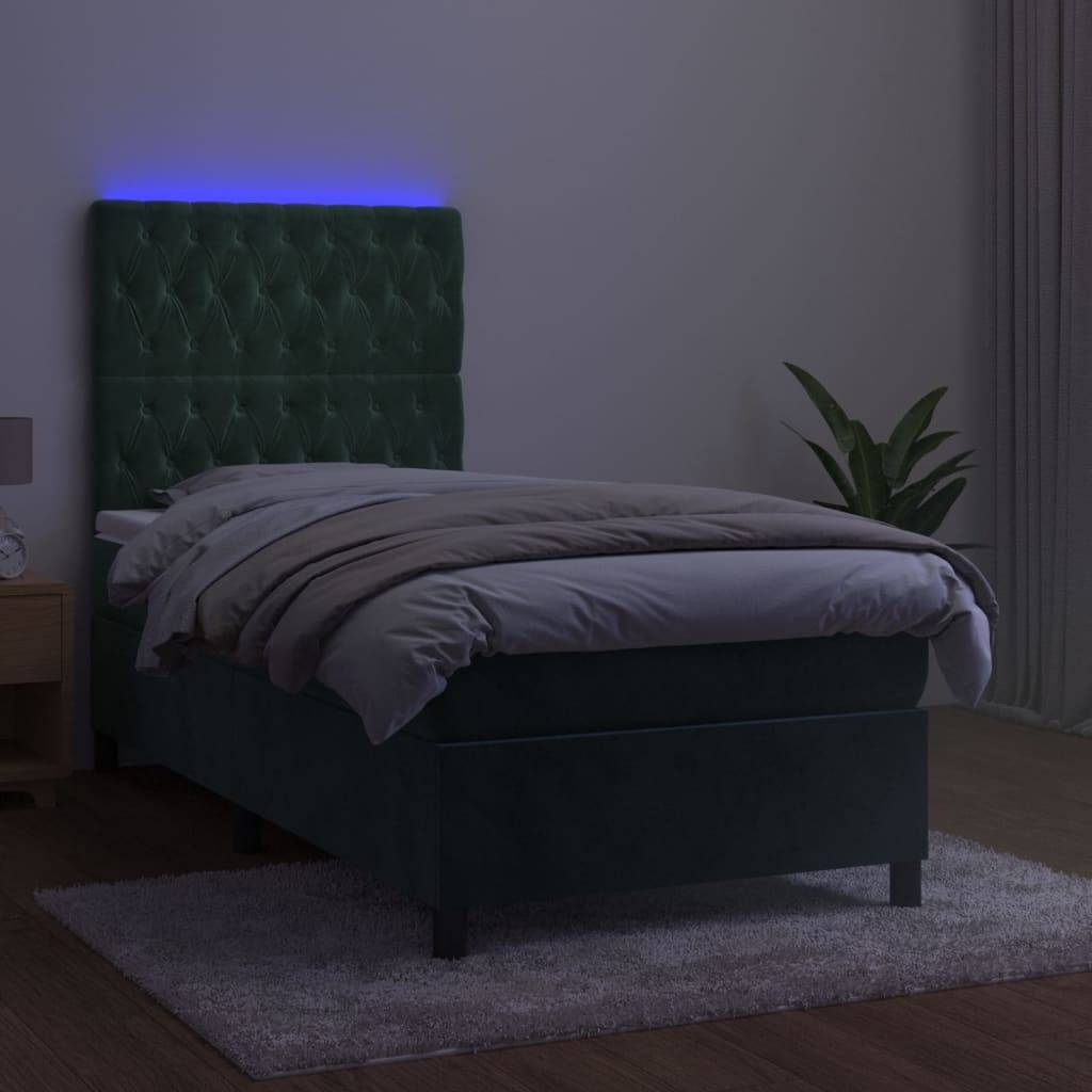 vidaXL Boxspringbett mit Matratze & LED Dunkelgrün 100x200 cm Samt