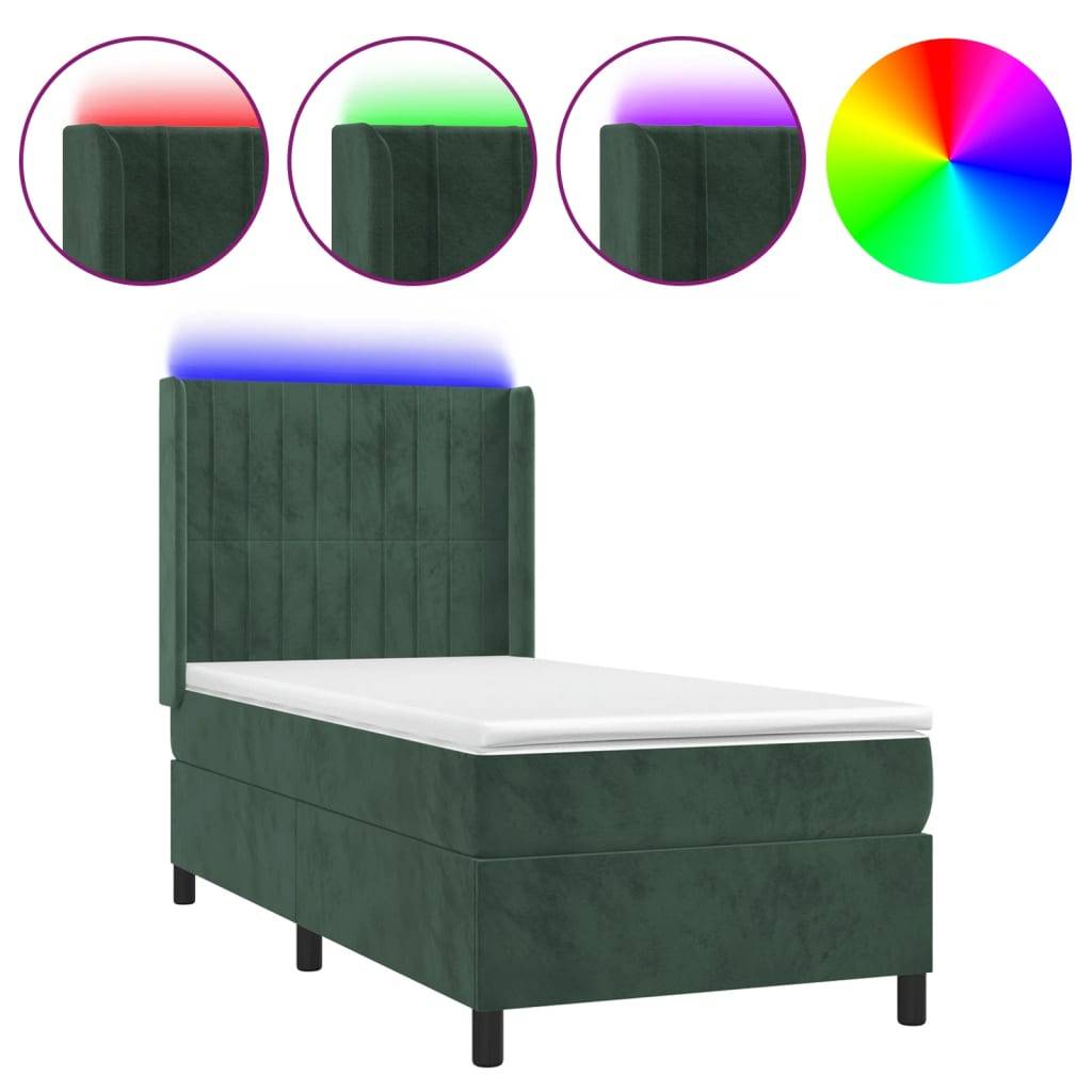 vidaXL Boxspringbett mit Matratze & LED Dunkelgrün 90x200 cm Samt