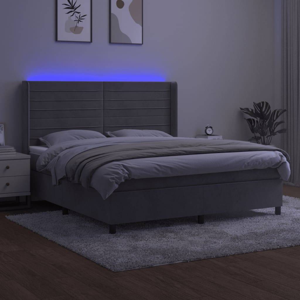 vidaXL Boxspringbett mit Matratze & LED Hellgrau 160x200 cm Samt
