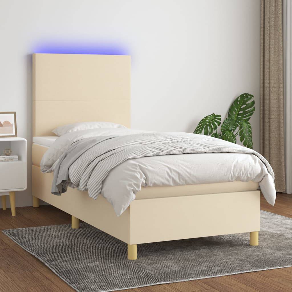 vidaXL Boxspringbett mit Matratze & LED Creme 90x190 cm Stoff