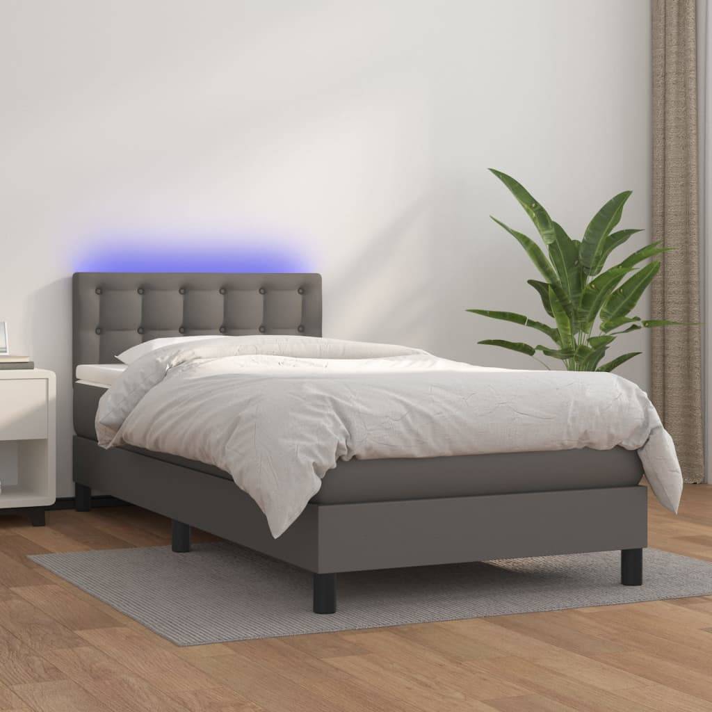 vidaXL Boxspringbett mit Matratze & LED Grau 90x190 cm Kunstleder