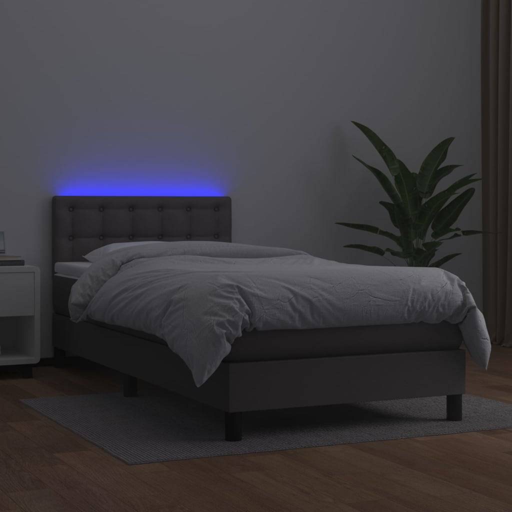 vidaXL Boxspringbett mit Matratze & LED Grau 90x190 cm Kunstleder