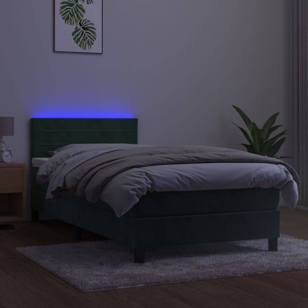 vidaXL Boxspringbett mit Matratze &amp; LED Dunkelgrün 90x190 cm Samt