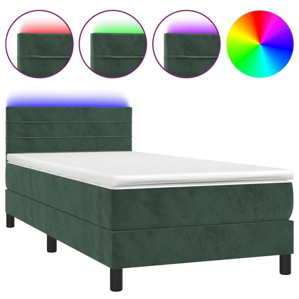 vidaXL Boxspringbett mit Matratze &amp; LED Dunkelgrün 90x190 cm Samt