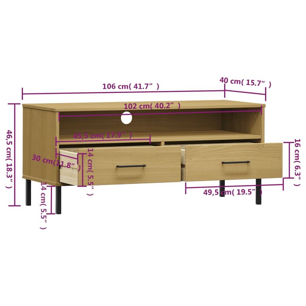 vidaXL TV-Schrank OSLO mit Metallbeinen Braun Massivholz Kiefer