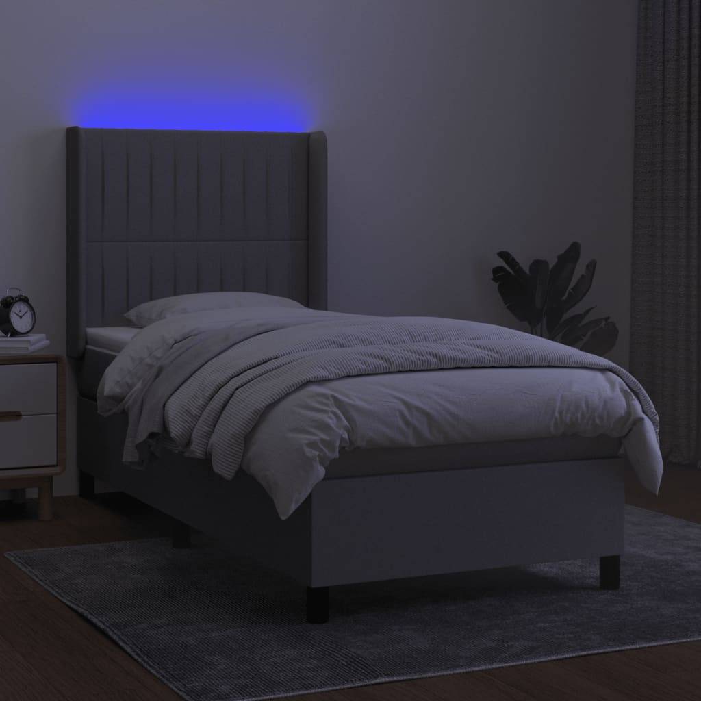 vidaXL Boxspringbett mit Matratze & LED Hellgrau 90x200 cm Stoff
