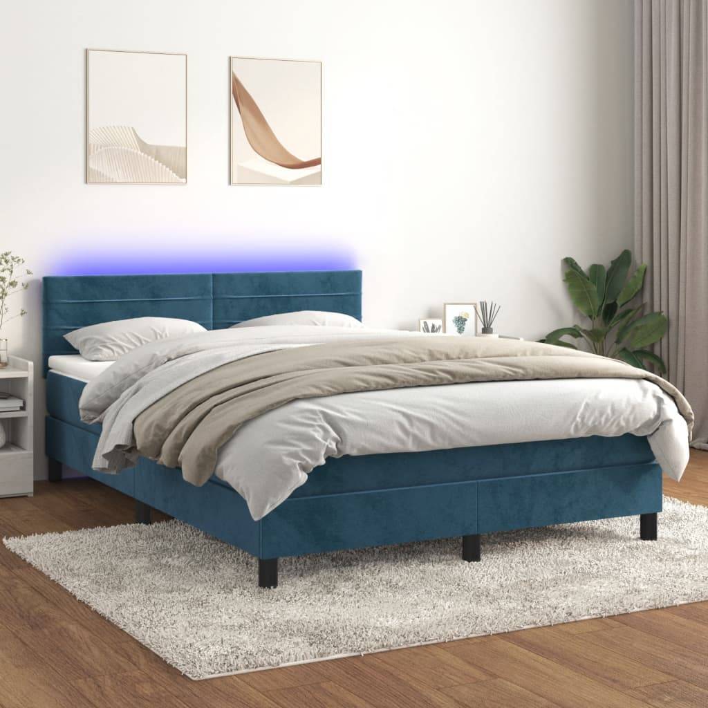 vidaXL Boxspringbett mit Matratze & LED Dunkelblau 140x200 cm Samt