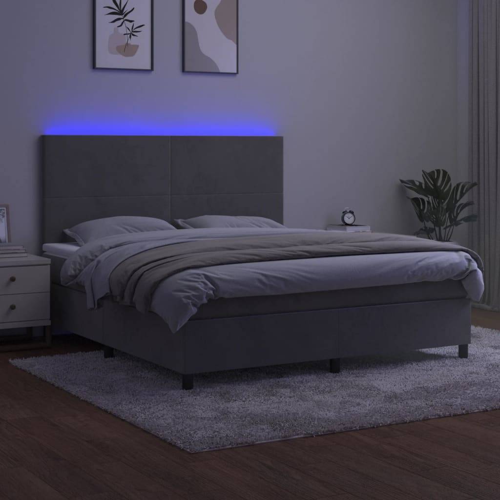 vidaXL Boxspringbett mit Matratze & LED Hellgrau 180x200 cm Samt