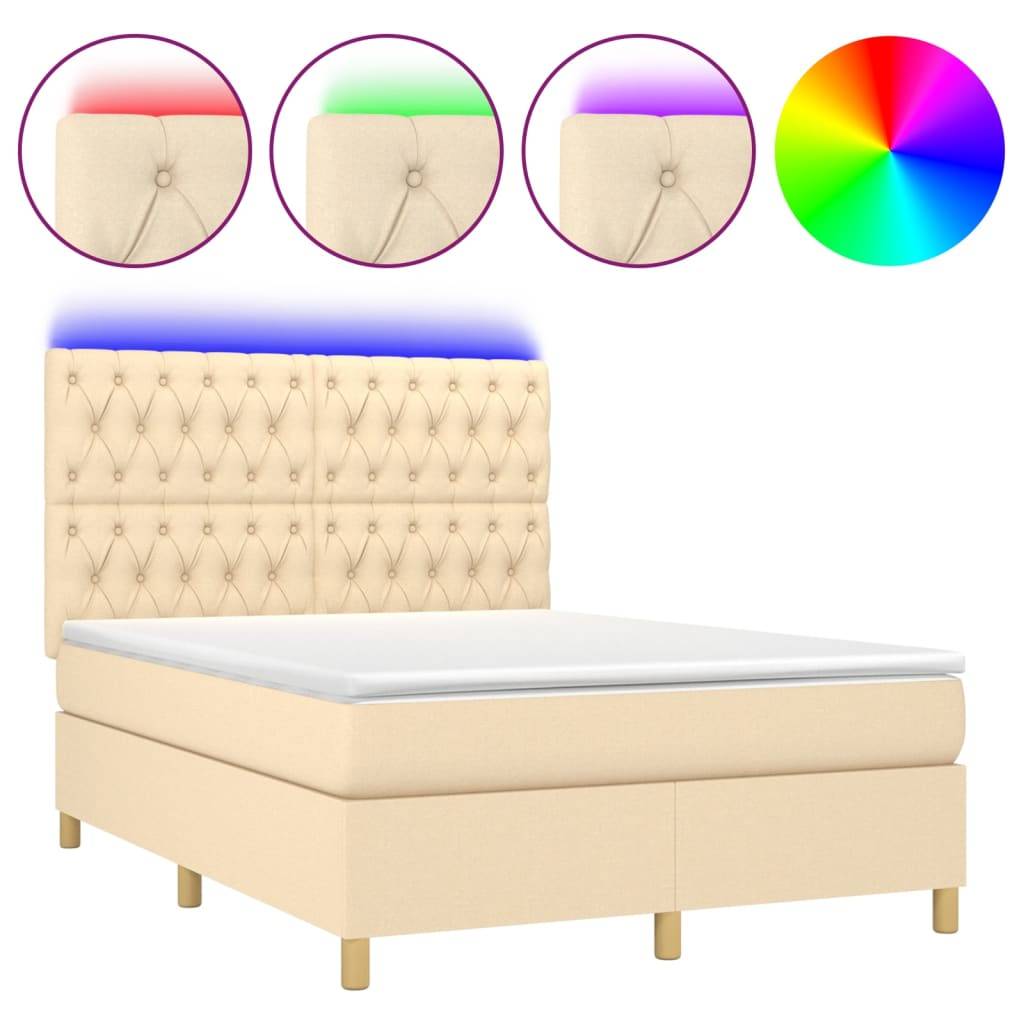 vidaXL Boxspringbett mit Matratze &amp; LED Creme 140x190 cm Stoff