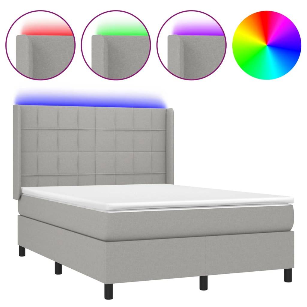 vidaXL Boxspringbett mit Matratze & LED Hellgrau 140x200 cm Stoff