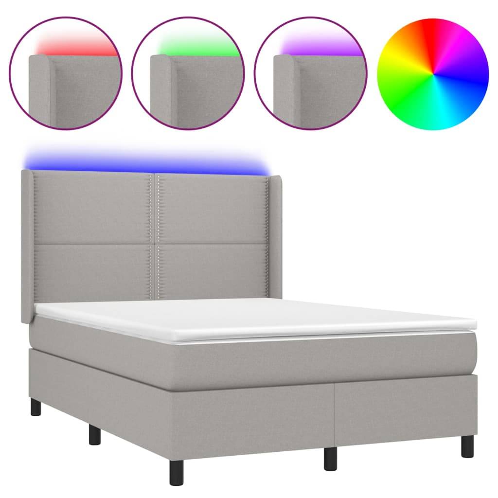 vidaXL Boxspringbett mit Matratze & LED Hellgrau 140x200 cm Stoff