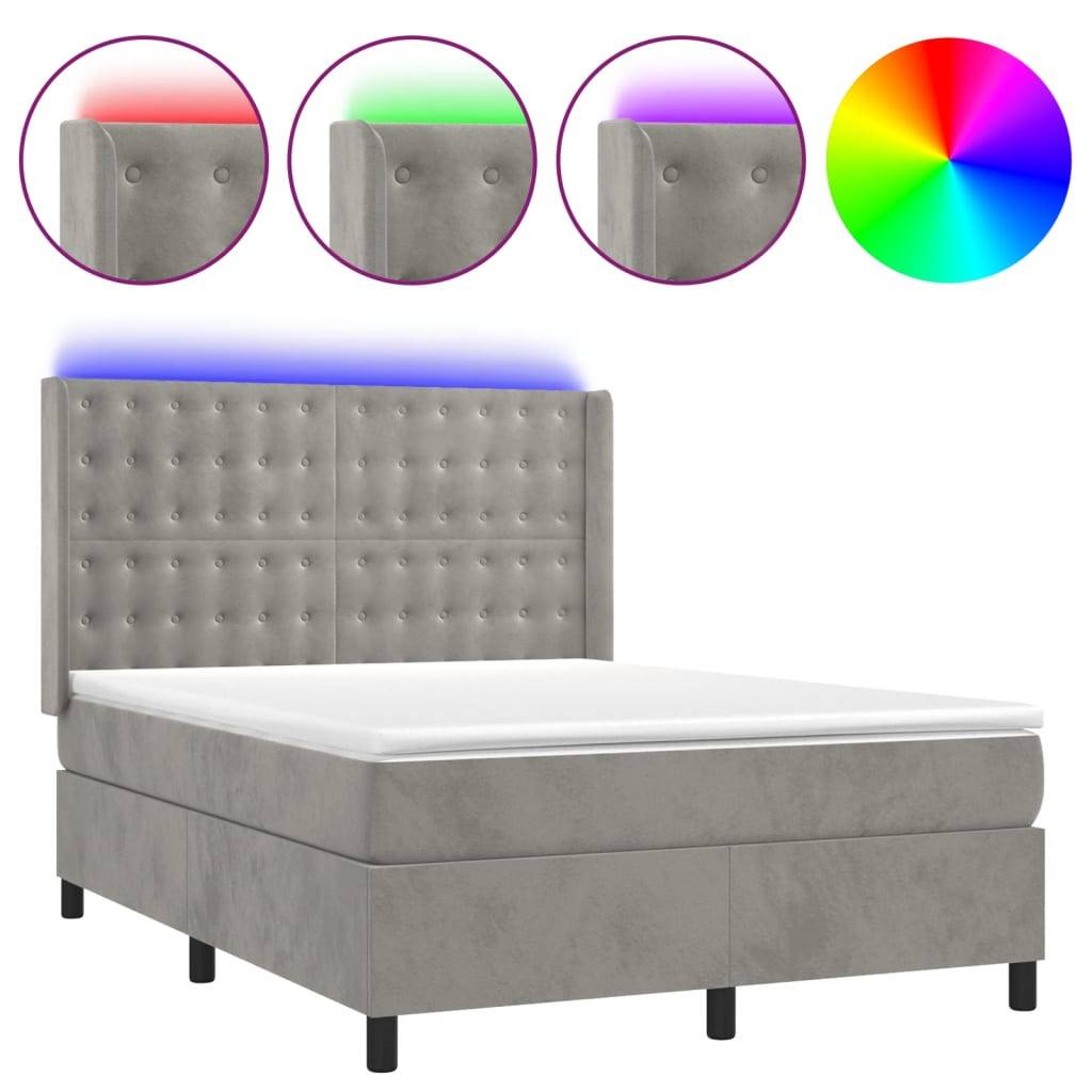 vidaXL Boxspringbett mit Matratze & LED Hellgrau 140x200 cm Samt