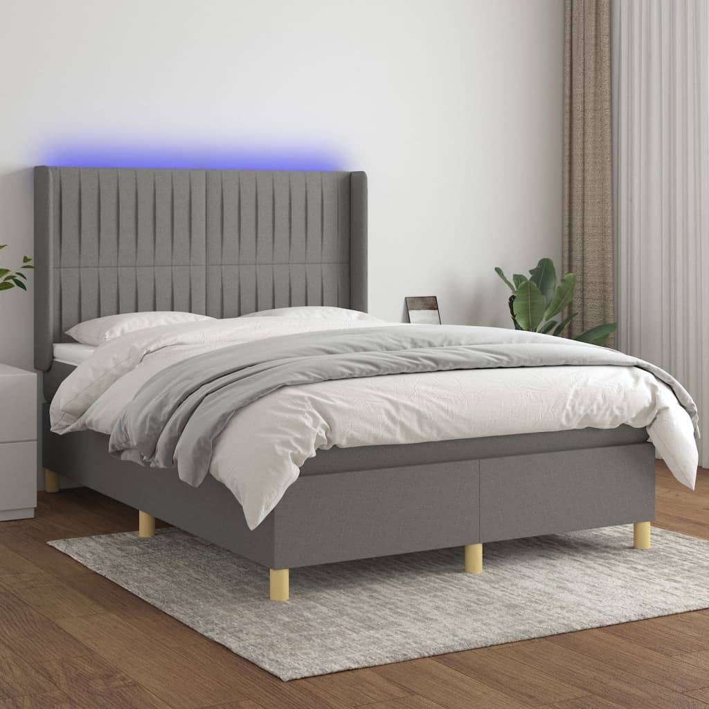 vidaXL Boxspringbett mit Matratze & LED Dunkelgrau 140x190 cm Stoff