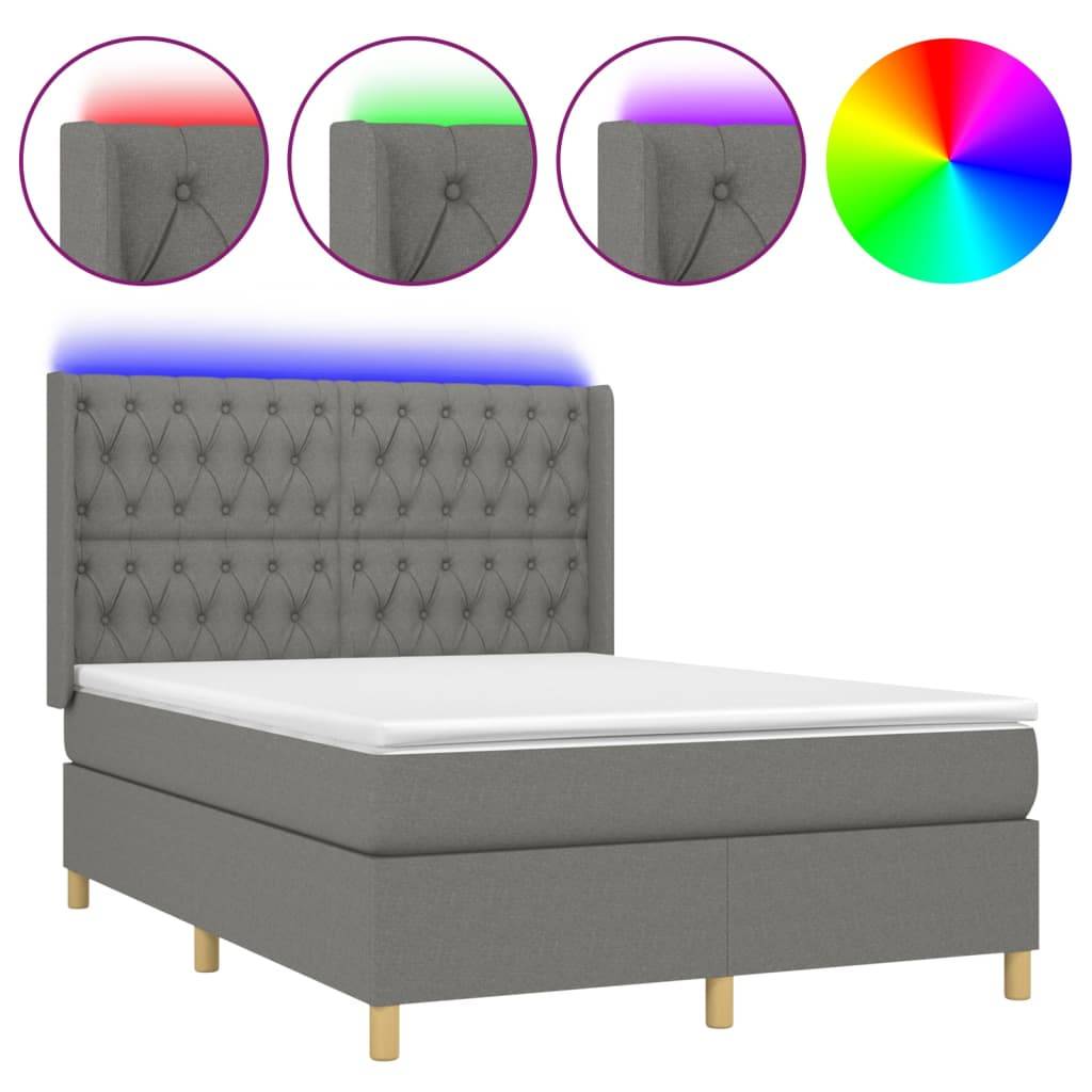 vidaXL Boxspringbett mit Matratze & LED Dunkelgrau 140x190 cm Stoff