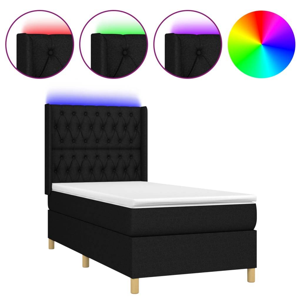 vidaXL Boxspringbett mit Matratze & LED Schwarz 90x200 cm Stoff
