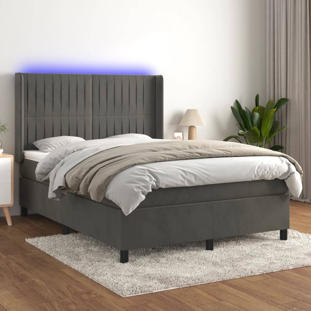 vidaXL Boxspringbett mit Matratze & LED Dunkelgrau 140x200 cm Samt