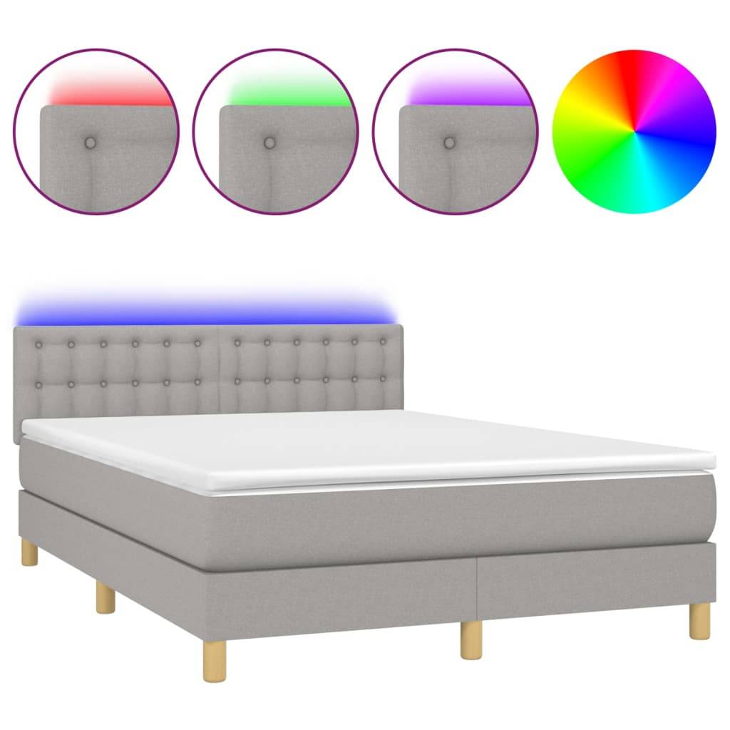 vidaXL Boxspringbett mit Matratze & LED Hellgrau 140x200 cm Stoff