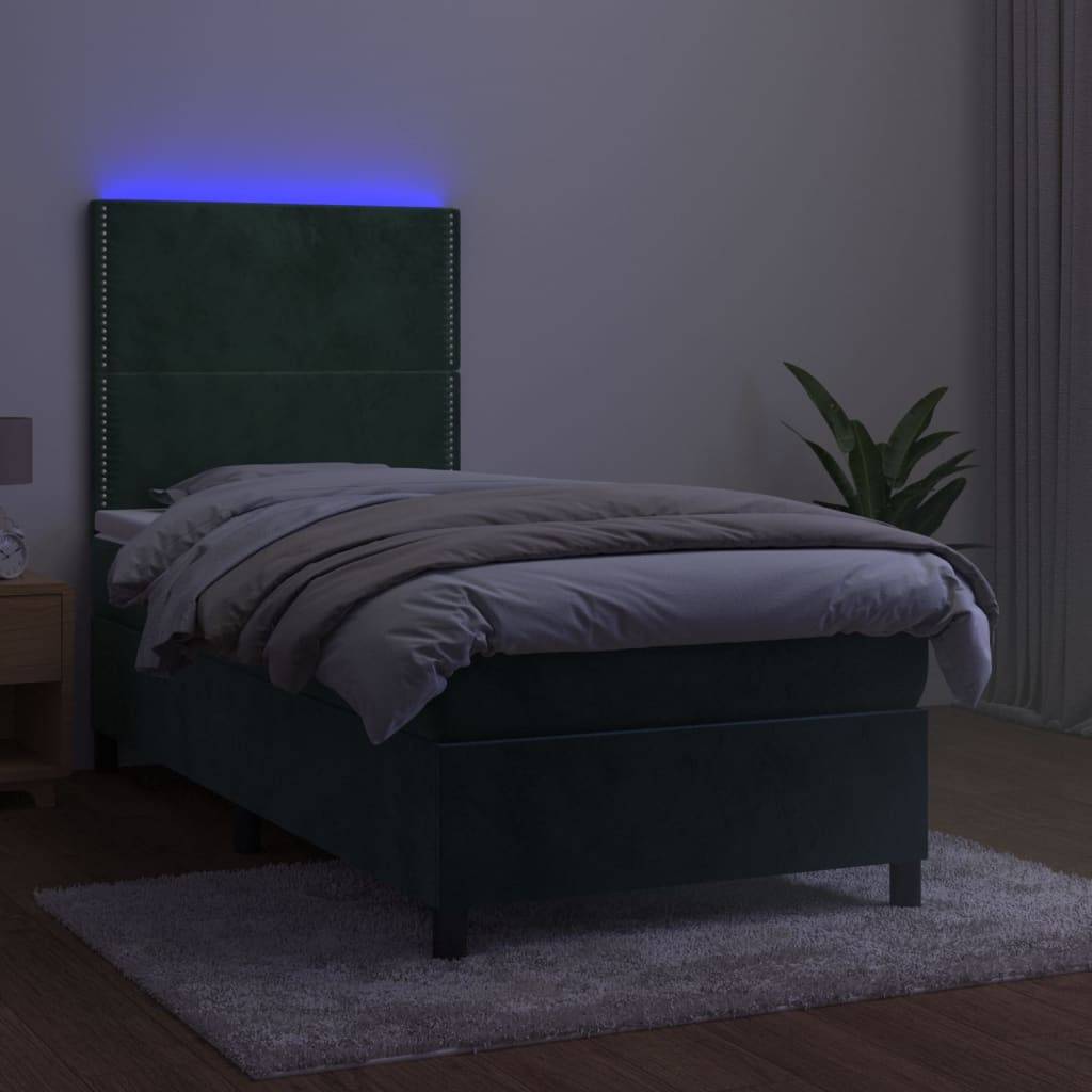 vidaXL Boxspringbett mit Matratze & LED Dunkelgrün 100x200 cm Samt