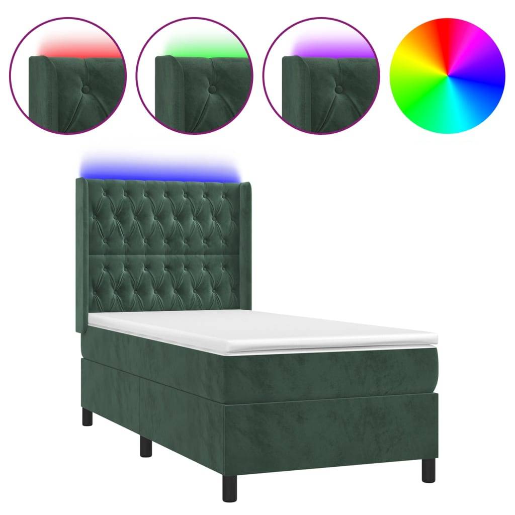 vidaXL Boxspringbett mit Matratze & LED Dunkelgrün 80x200 cm Samt