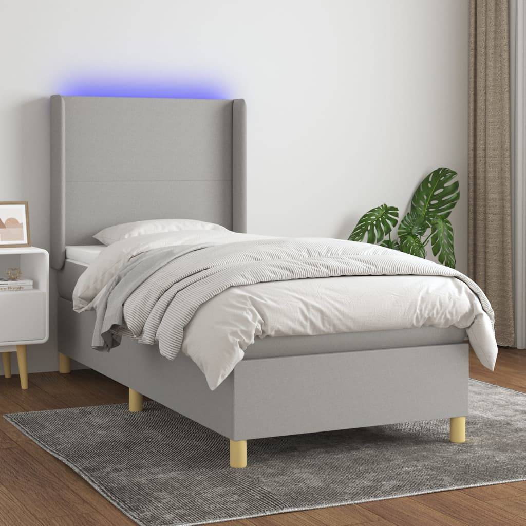 vidaXL Boxspringbett mit Matratze & LED Hellgrau 90x190 cm Stoff