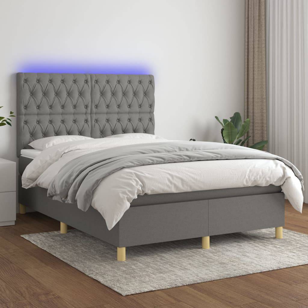 vidaXL Boxspringbett mit Matratze & LED Dunkelgrau 140x200 cm Stoff