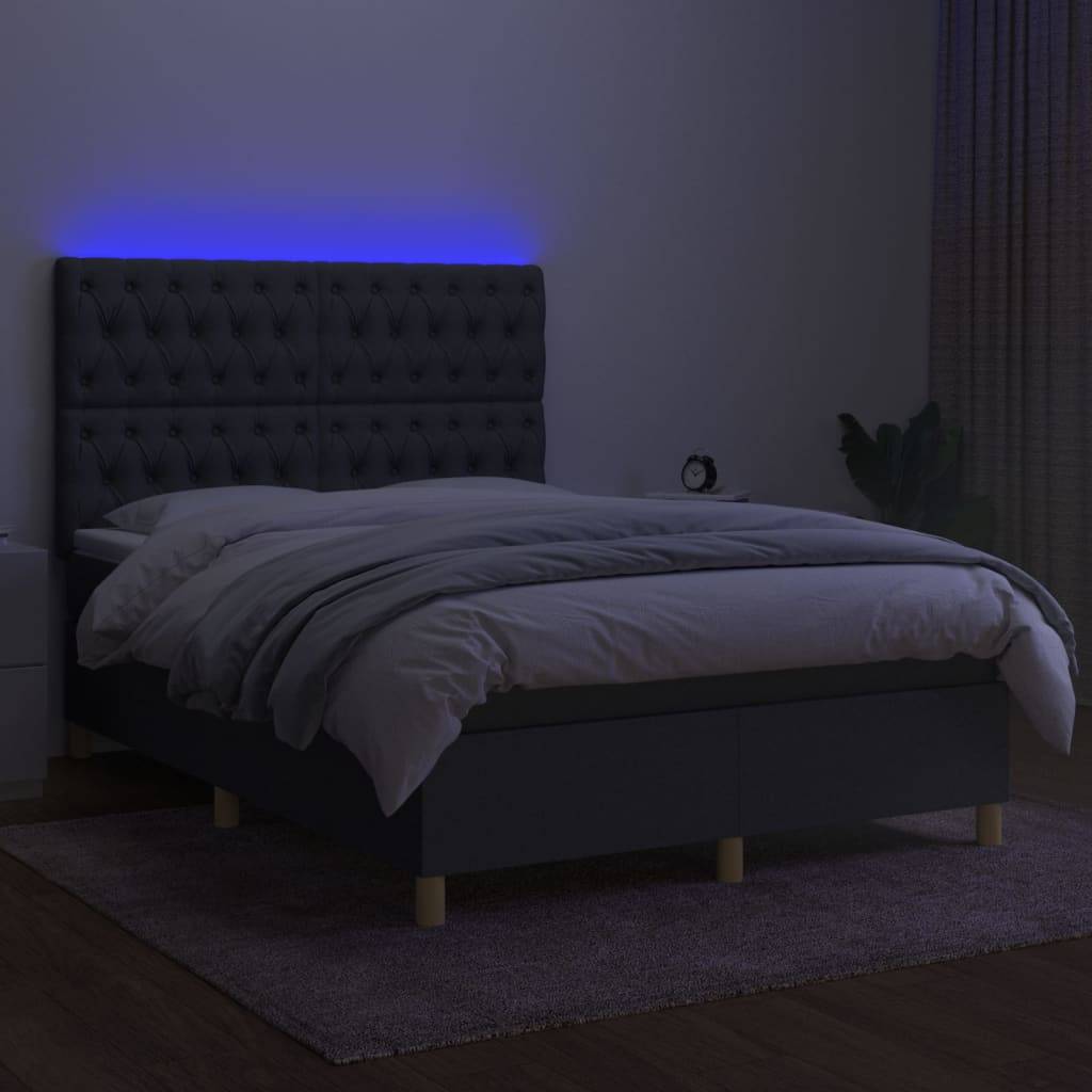 vidaXL Boxspringbett mit Matratze &amp; LED Dunkelgrau 140x200 cm Stoff