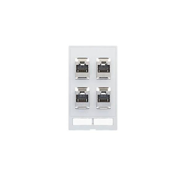 Weiße Wandplatte mit vier Ethernet-/RJ45-Netzwerkanschlüssen in einem 2x2-Gitter angeordnet.