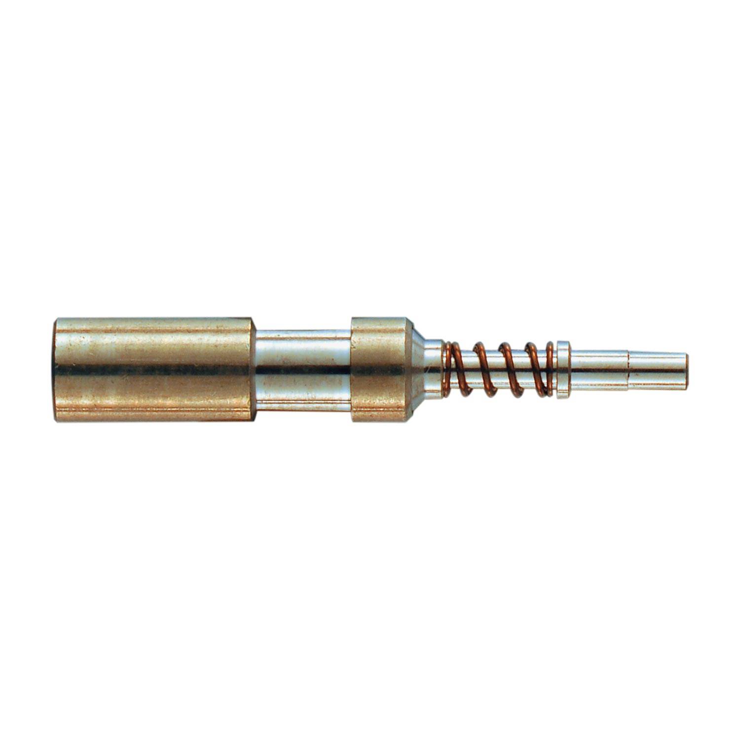Ein messing- und stahlzylindischer elektrischer Stecker mit einer sichtbaren Spiralfeder, wahrscheinlich für sichere Schaltverbindungen verwendet.