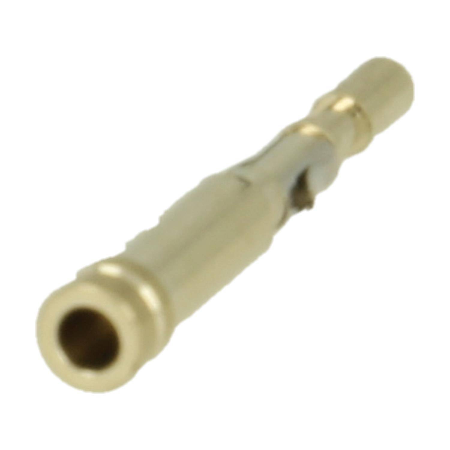 Ein kleiner, zylindrischer Metallstecker mit einer hohlen Spitze und einer leichten Vertiefung in der Nähe der Mitte, diagonal auf weißem Hintergrund positioniert.