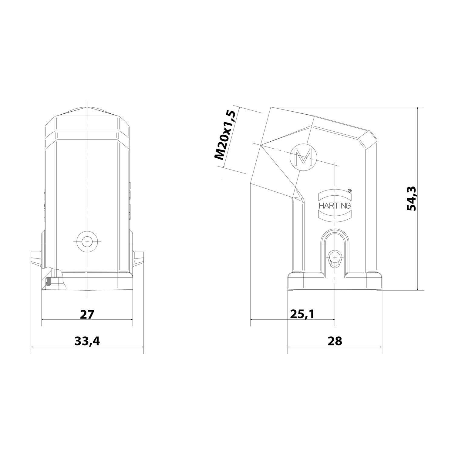 HARTING Han 3A EMV Tüllengehäuse mit eingeklebter Dichtung, 1xM20 seitlicher Kabelabgang, für 1 Bügel (am Unterteil)