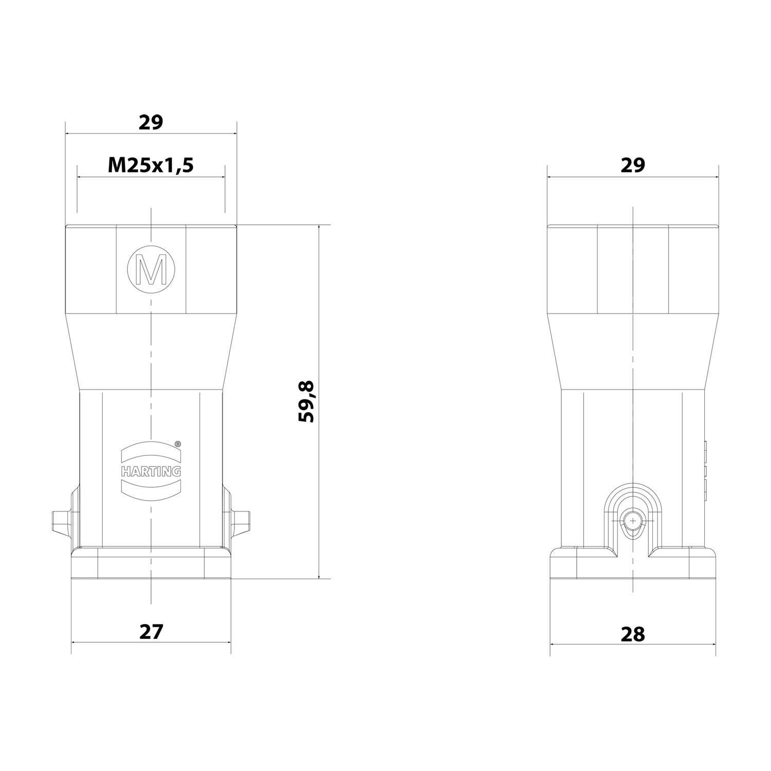 HARTING Han 3A EMV Tüllengehäuse ohne eingeklebte Dichtung, 1xM25 gerader Kabelabgang, für 1 Bügel (am Unterteil)