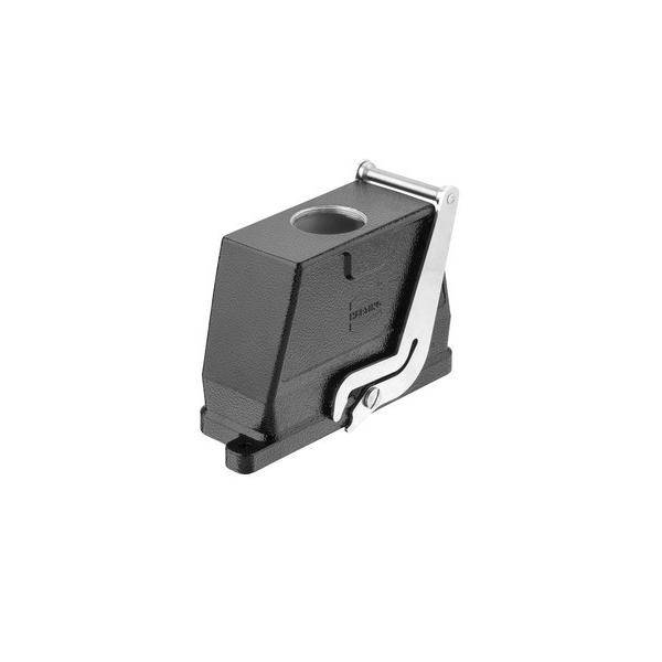 Eine robuste schwarze Industrieklemme mit metallischem Griff und rechteckiger Basis, die zum Sichern von Objekten in Maschinen oder Werkstätten verwendet wird.