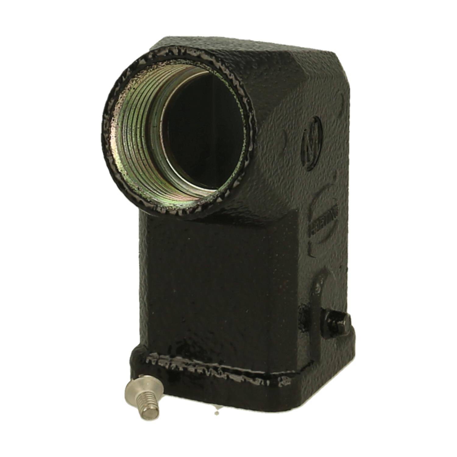 Schwarzes Gusseisen-Bogenleitungsgehäuse mit Gewindeöffnung und Schraube unten links.