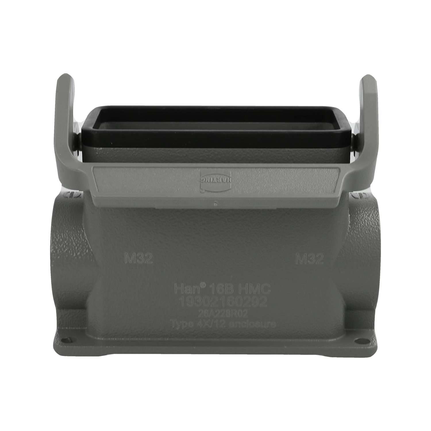 Ein grauer Industriesteckverbinder mit der Bezeichnung M32 auf beiden Seiten und erhöhten Schutzvorrichtungen oben, verwendet für Kabelverbindungen.
