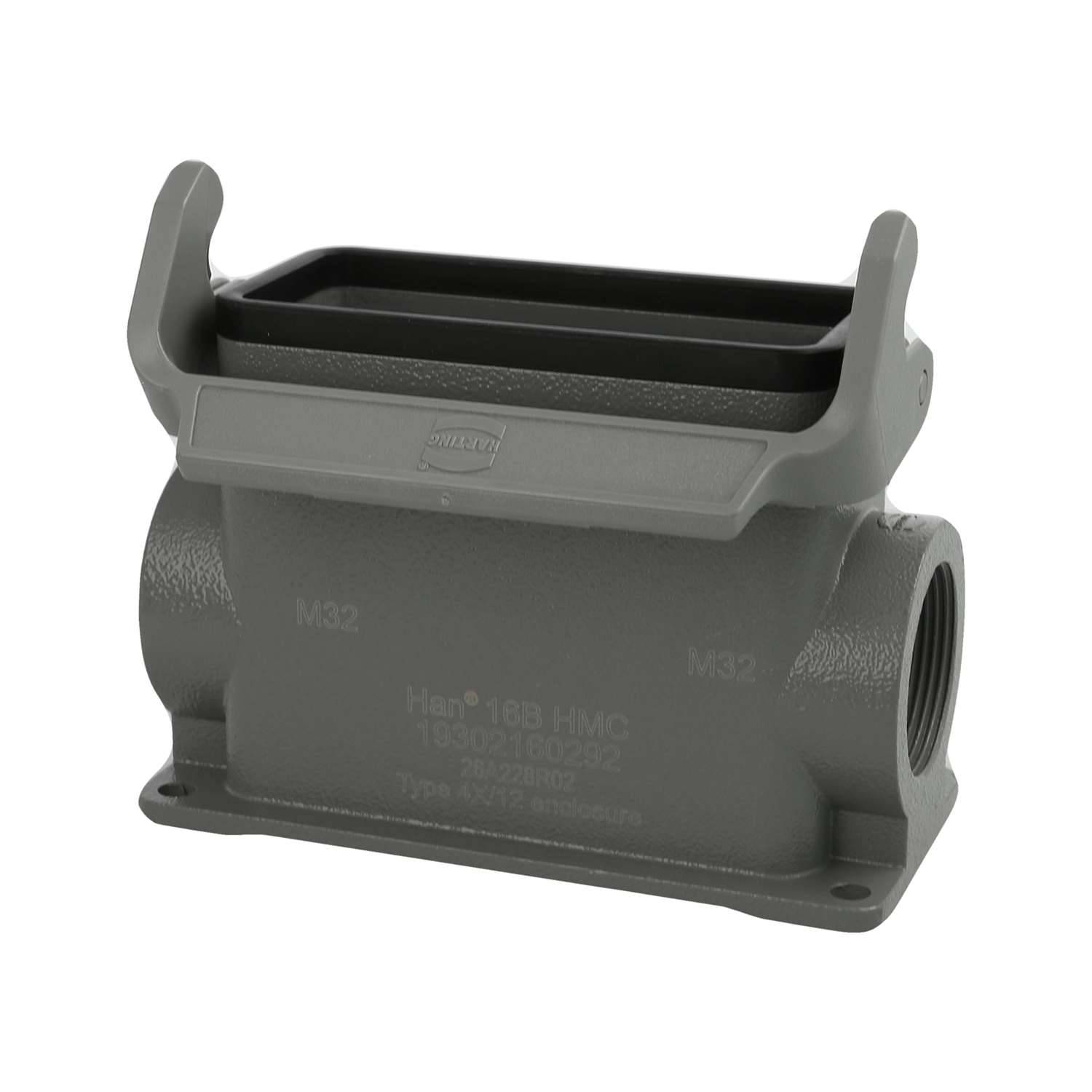 Graues industrielles Metallgehäuse mit rechteckiger Öffnung und Gewinde an den Seiten, das für elektrische oder mechanische Anschlüsse verwendet wird.