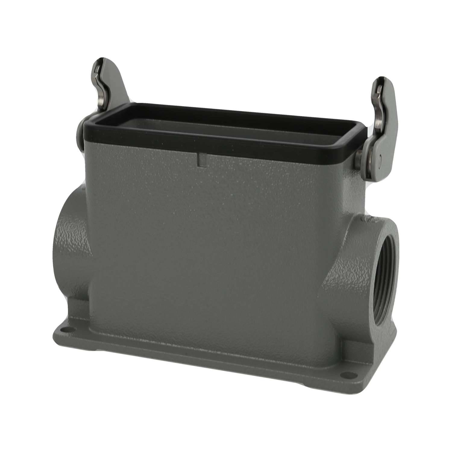 Ein grauer rechteckiger industrieller Steckverbindungsgehäuse mit Metallverriegelungen und zwei kreisförmigen seitlichen Öffnungen für den Kabeleingang.