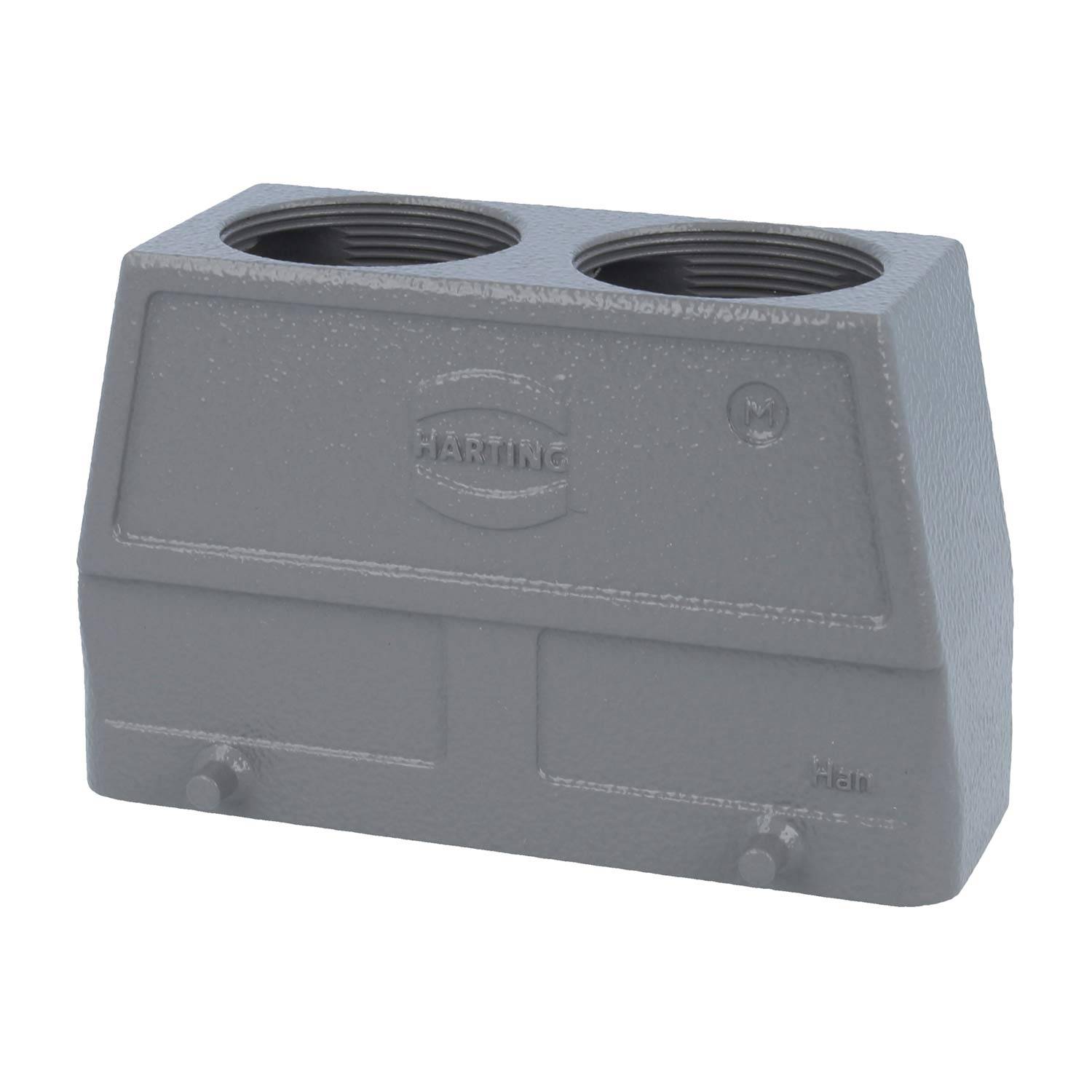 Ein graues Harting-Steckergehäuse mit zwei kreisförmigen Öffnungen oben, entworfen für elektrische Verbindungen und gekennzeichnet mit dem Harting-Logo.