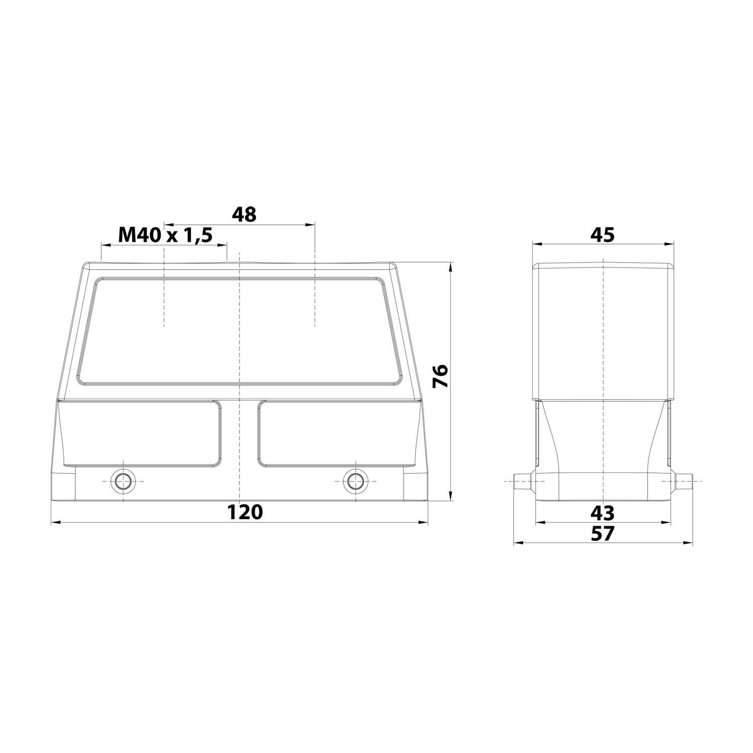 HARTING Han 24B Tüllengehäuse hoch, 2xM40 gerader Kabelabgang, für 2 Bügel (am Unterteil) Verschraubung M40