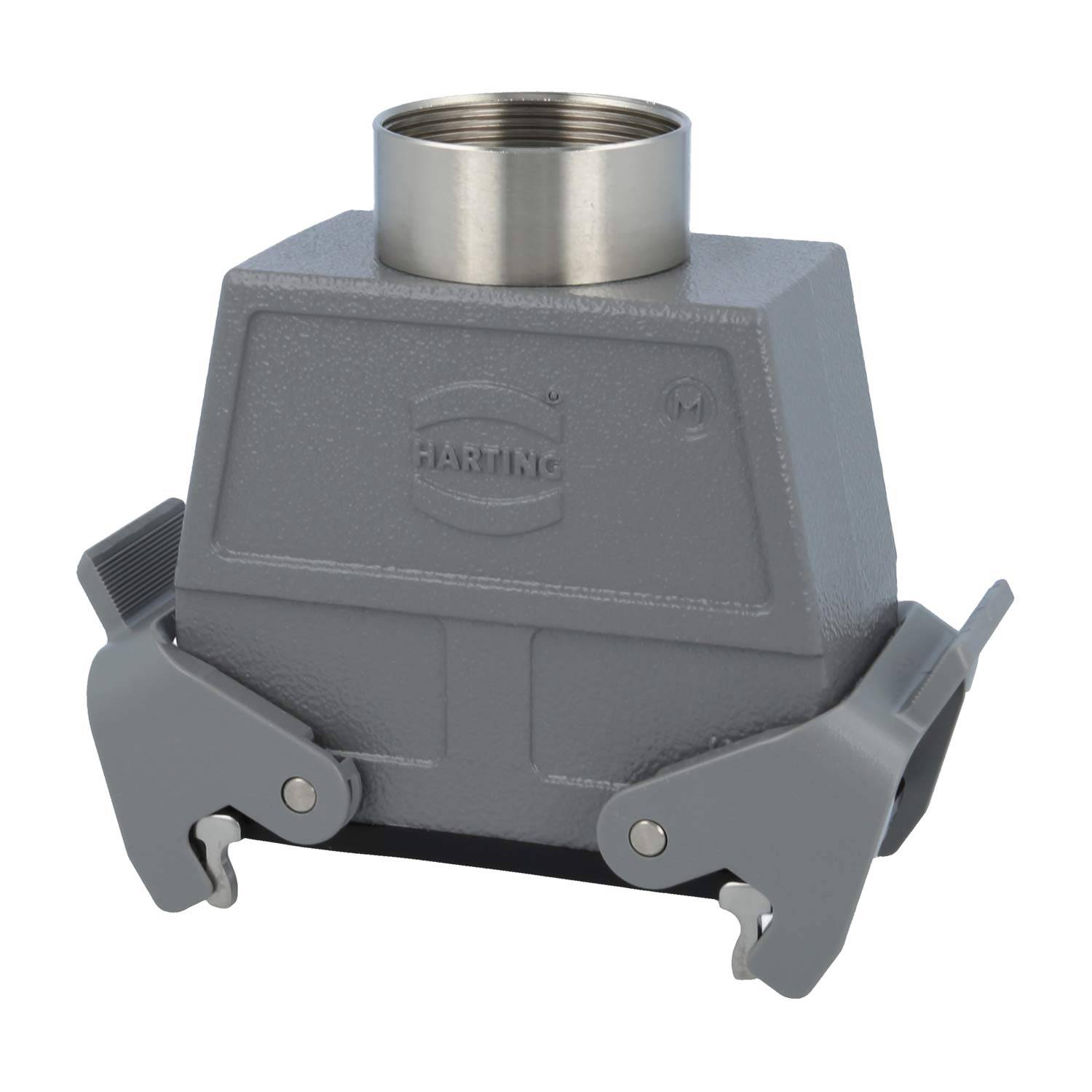 Schweres industrielles Steckverbindersystem mit rechteckigem Metallgehäuse, zwei Verriegelungsarmen für sichere Befestigung und „HARTING