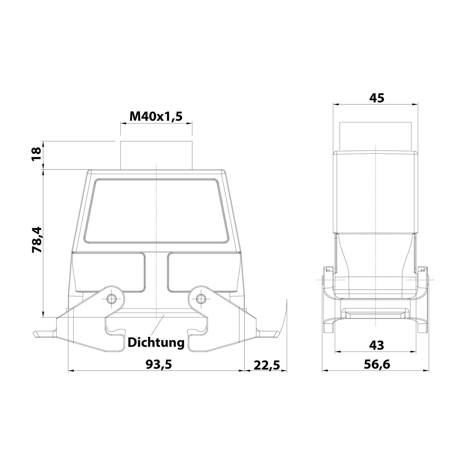 Technische Zeichnung eines Steckers mit Abmessungen: 93,5mm Breite, 78,4mm Höhe, 45mm Tiefe. Beschriftungen „M40x1,5