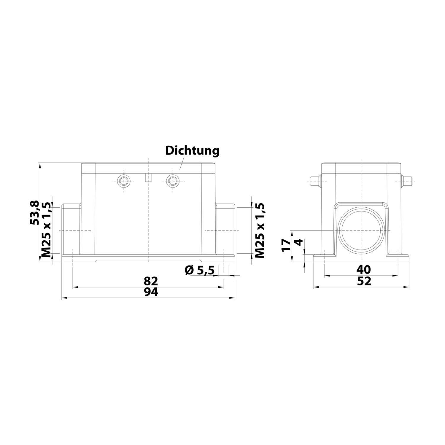 HARTING Han 10B Sockelgehäuse niedrig, 2xM25 seitlicher Kabelabgang, für 2 Bügel (am Oberteil) Verschraubung M25