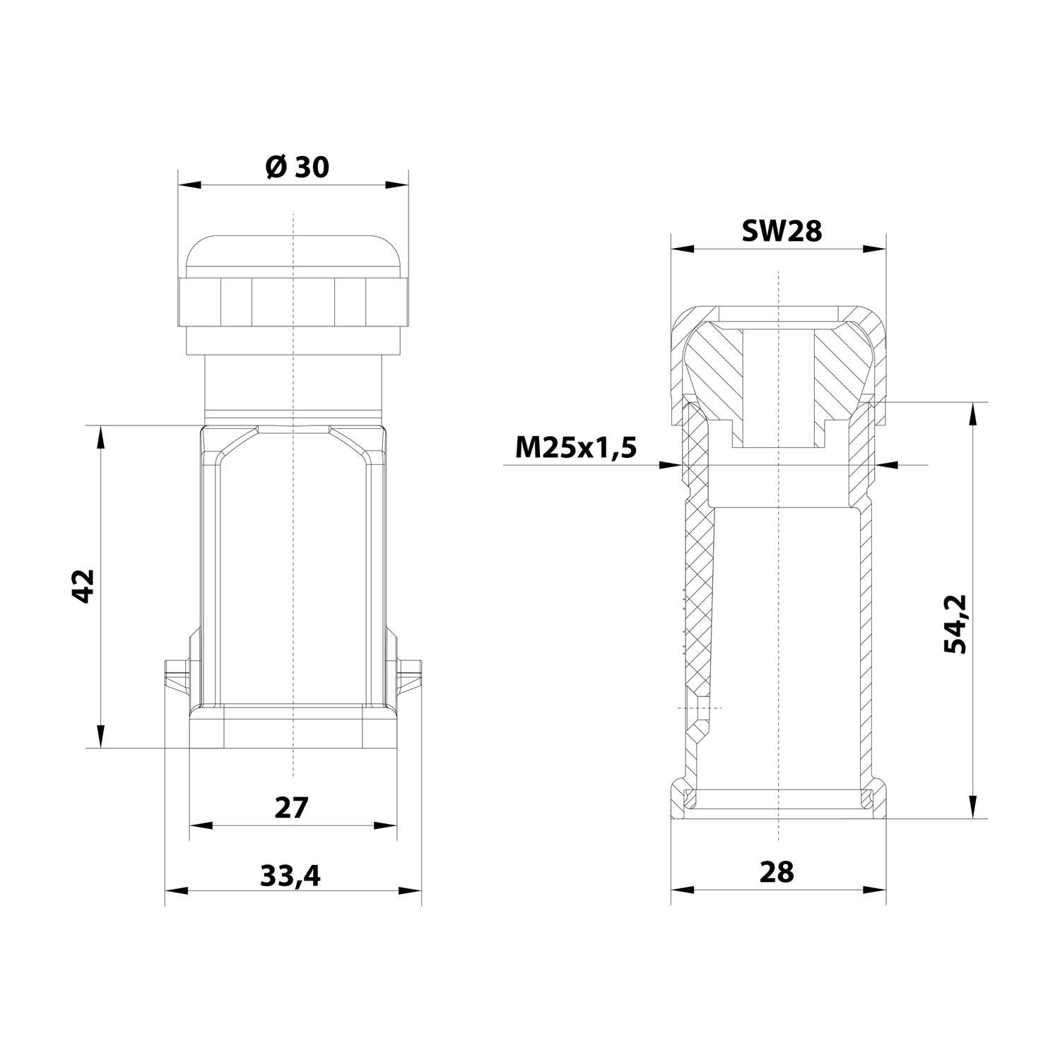 HARTING Han 3A Tüllengehäuse mit eingeklebter Dichtung, 1xM25 gerader Kabelabgang, für 1 Bügel (am Unterteil)