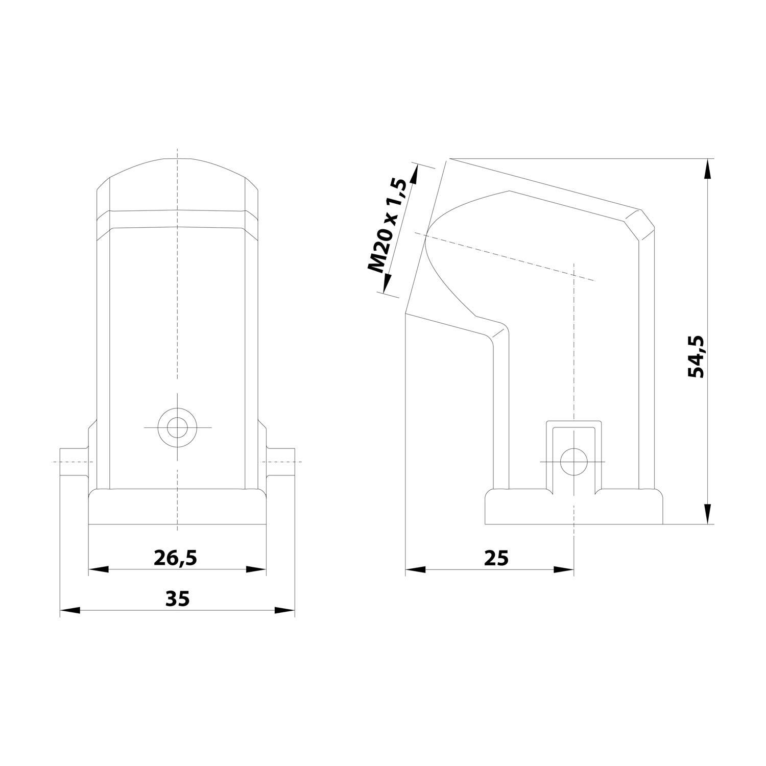 HARTING Han 3A Tüllengehäuse mit eingeklebter Dichtung, 1xM20 seitlicher Kabelabgang, für 1 Bügel (am Unterteil)