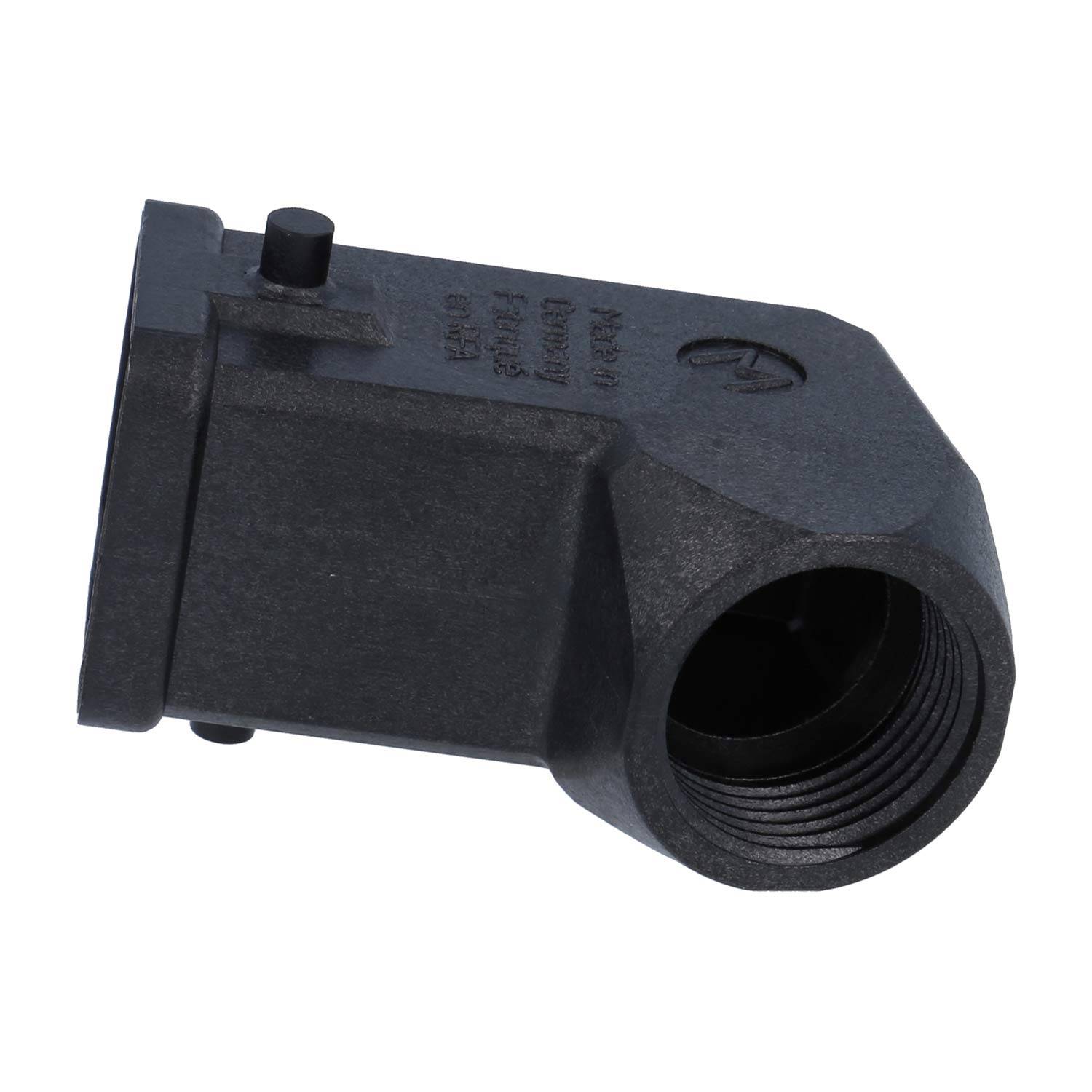 Ein schwarzer rechtwinkeliger Elektrostecker mit gerillter Innenfläche und zwei Schrauben oben, positioniert, um Seiten- und Frontansicht zu zeigen.