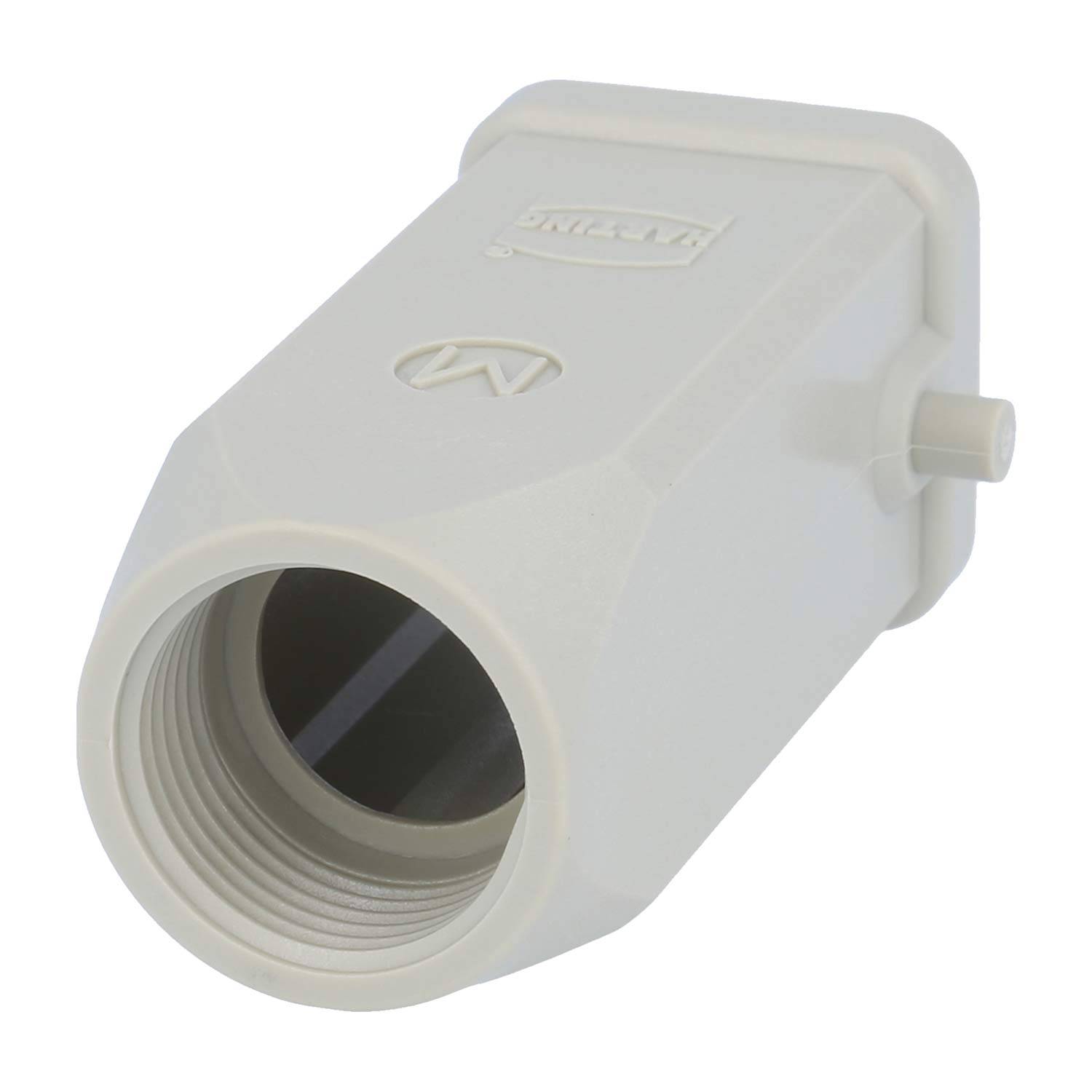 Ein grauer, kastenförmiger Elektrostecker mit offenem Gewinde, mit Rillen zur sicheren Befestigung und einem seitlichen Bolzen.