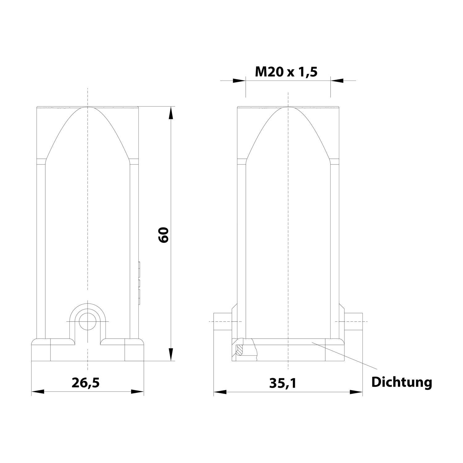 Technische Zeichnung einer zylindrischen Komponente mit Abmessungen: 60 Höhe, 26,5 Breite, mit der Bezeichnung M20 x 1,5 oben. Die Seitenansicht zeigt 35,1 Breite mit der Bezeichnung „Dichtung