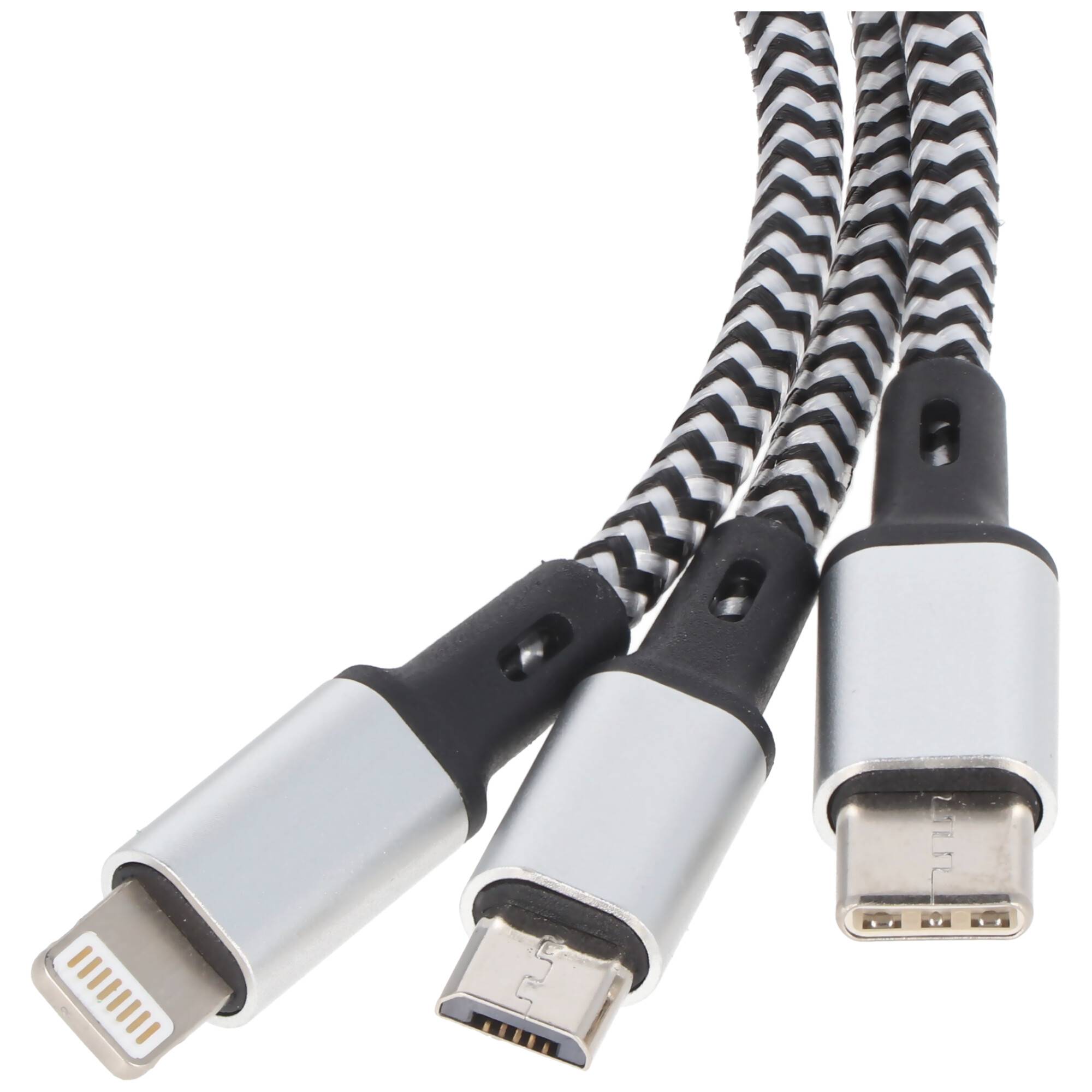 Universal Ladekabel 3in1 für Apple, USB-C, Micro-USB robust mit TPE-Ummantelung, Aluminium-Steckern