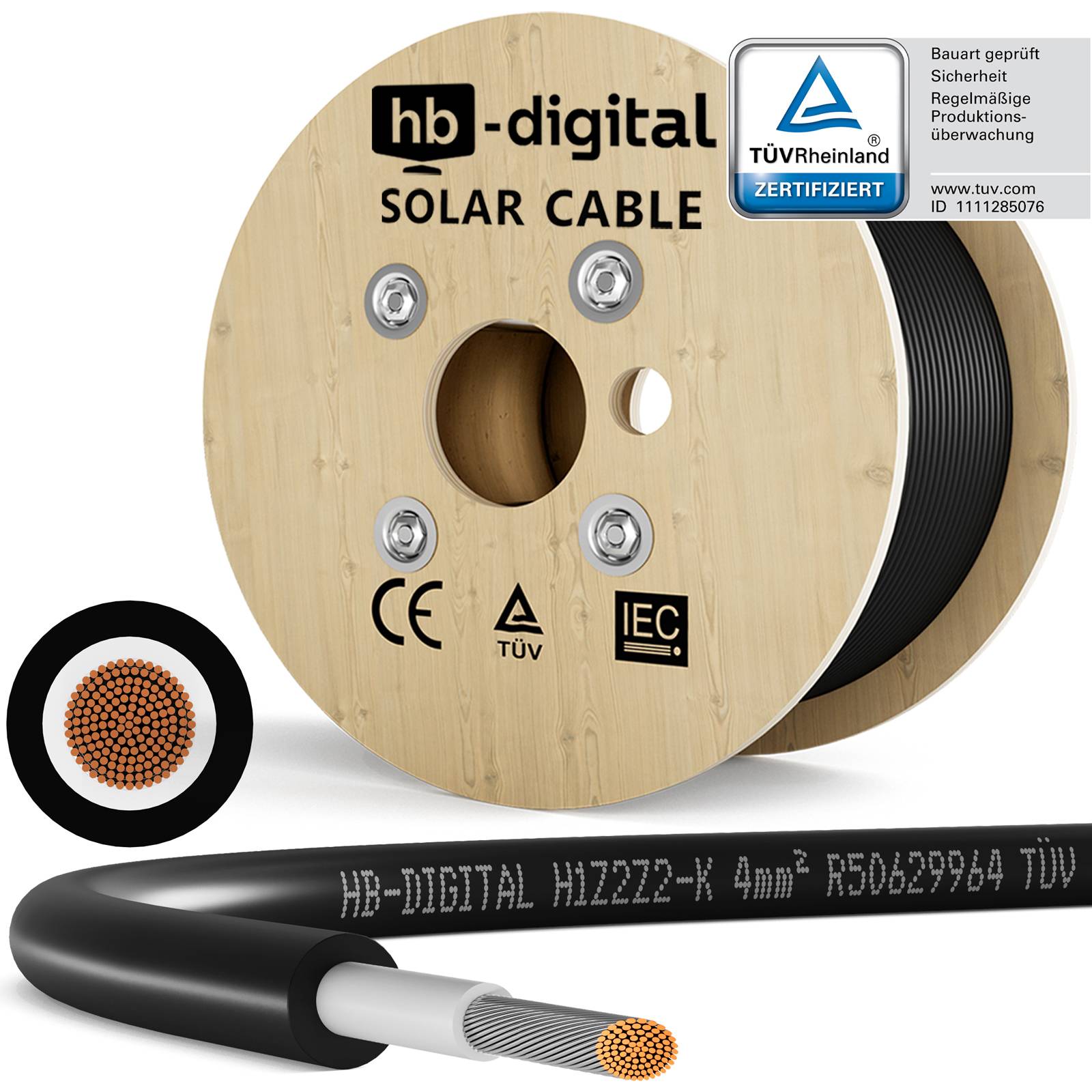 hb-digital Solarkabel 300m H1Z2Z2-K 4 mm² TÜV Rheinland zertifiziertes Photovoltaik Kabel schwarz