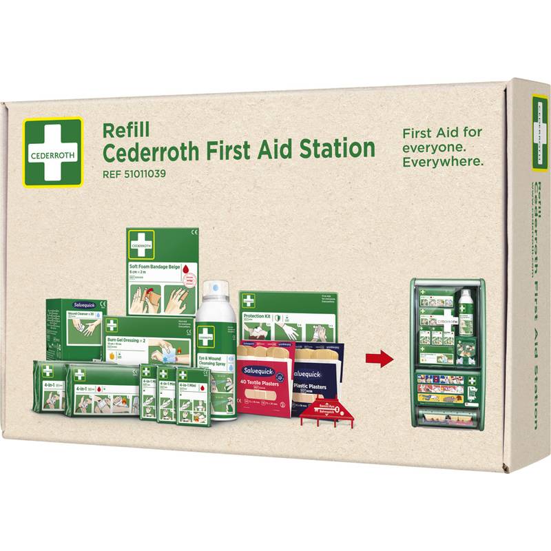 Cederroth First Aid Station Nachfüllset Box mit Produktabbildungen und Anweisungen. Text lautet: 'Erste Hilfe für jeden. Überall.