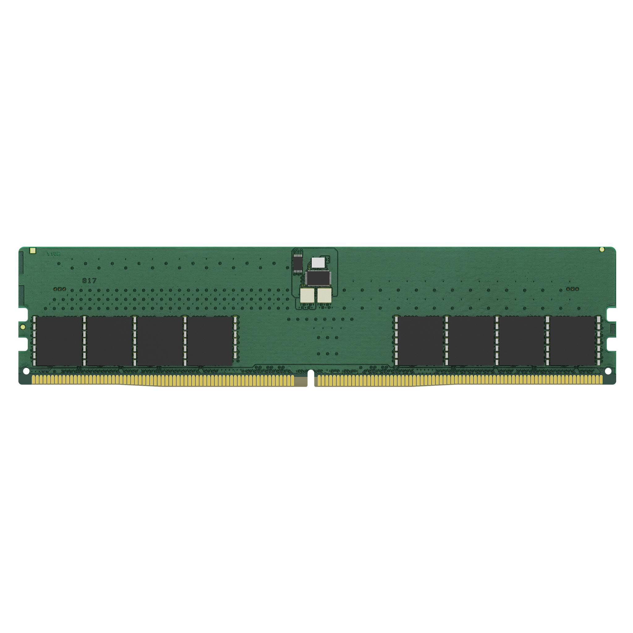 Grünes Computer-RAM-Speichermodul auf weißem Hintergrund, mit schwarzen Chips und goldenen Steckerkontakten.